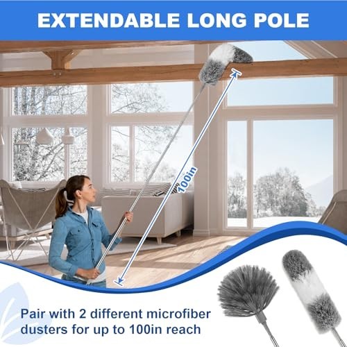3PCS Cobweb Duster Set with Extension Pole, Long Handle Feather Duster & Ceiling