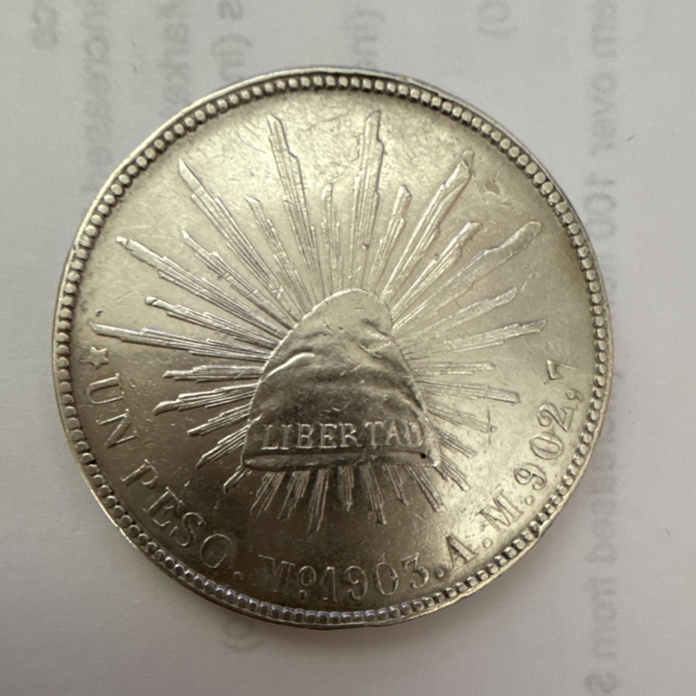 Mexico 1903 Second Republic Un Peso Silver Coin Cap & Rays