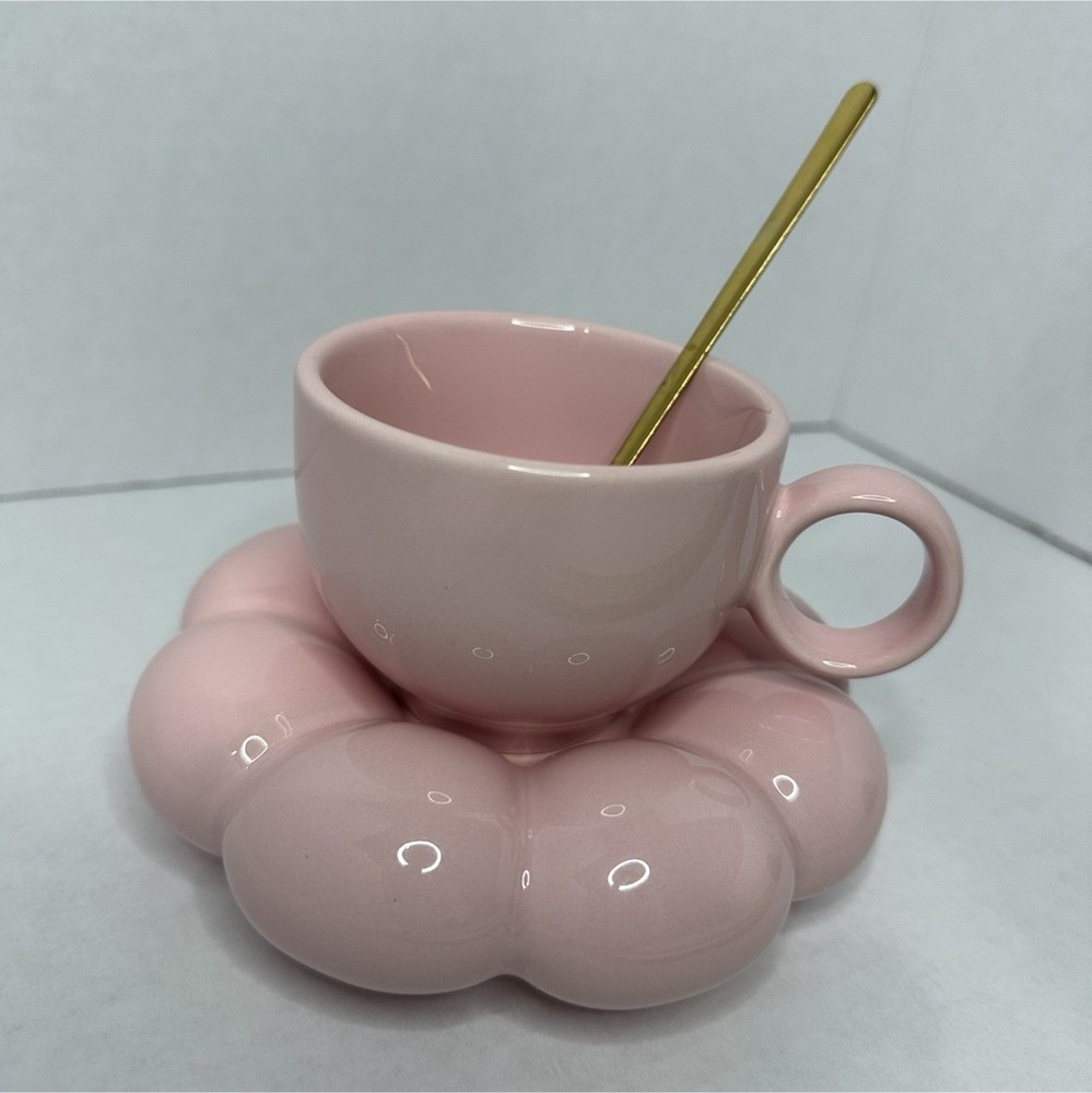 Pink Ceramic Decorated Cup, Saucer & Spoon Set, Three-Piece, Floral Theme