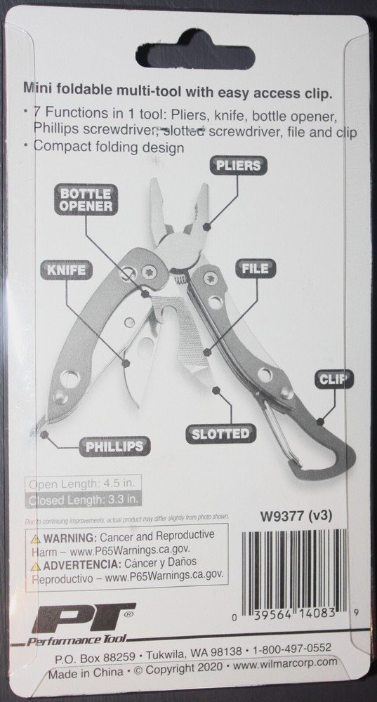 PERFORMANCE TOOL W9377 7-in-1 Mini Multi-Tool. Compact and Versatile. NEW. 3.3"