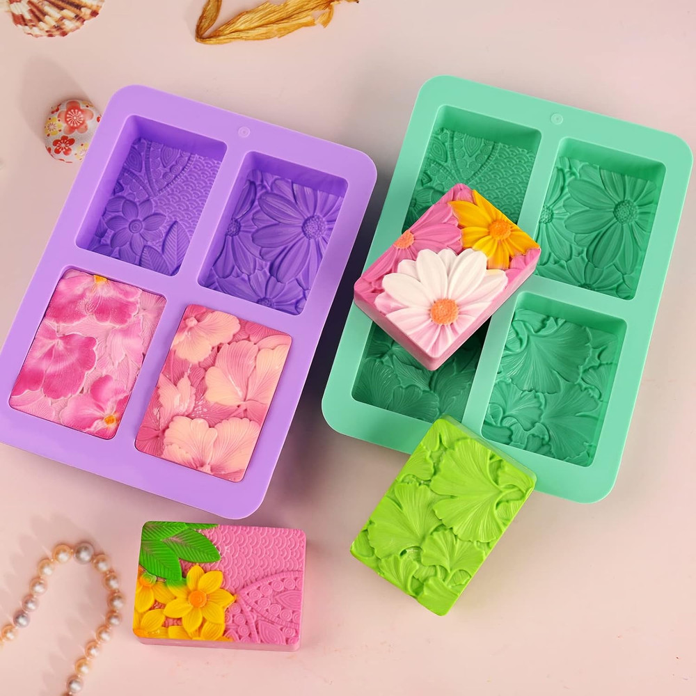 2 Pack Silicone Soap Molds, Rectangle Soap Making Mold, 3D Rectangular Flower Pa