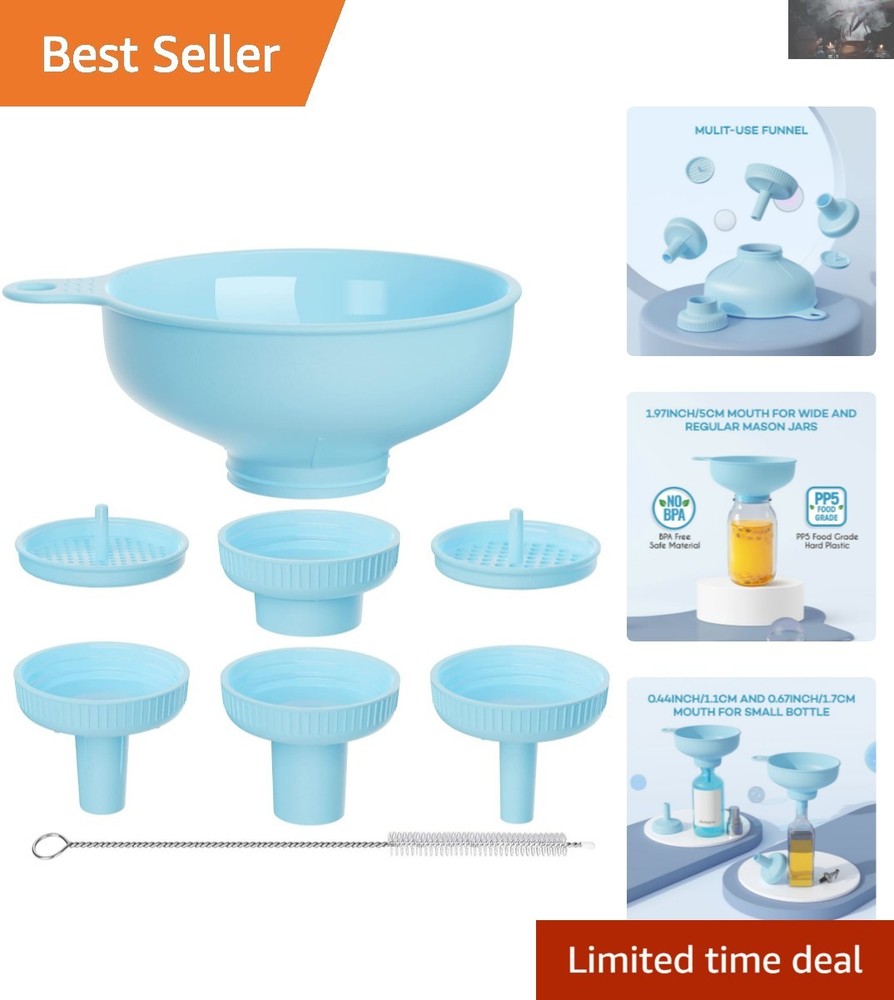 Heat-Resistant Kitchen Funnel with 5 Interchangeable Spouts & Strainers – Blue