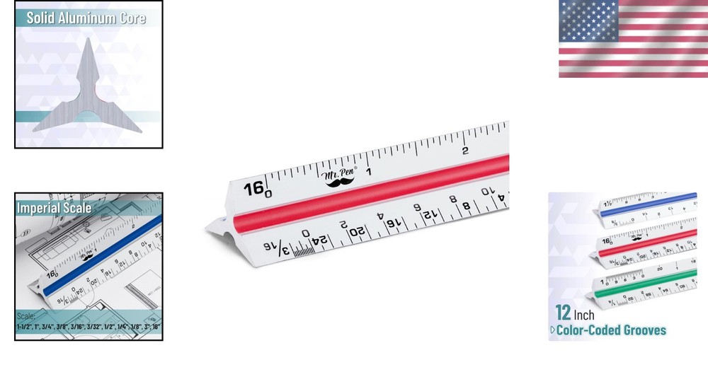 Color-Coded 12-Inch Triangular Scaling Ruler for Architects - Lasting Accuracy