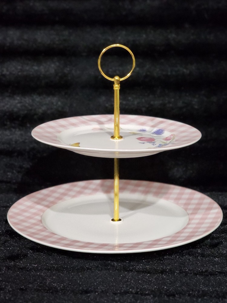 3pc Easter Bunny Pink Gingham 2-Tier Serving Tray Cookie Stand & 2 Salad Plates