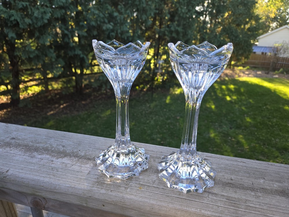 Gorham Crystal 7" Candlesticks Lotus Pattern Set of 2