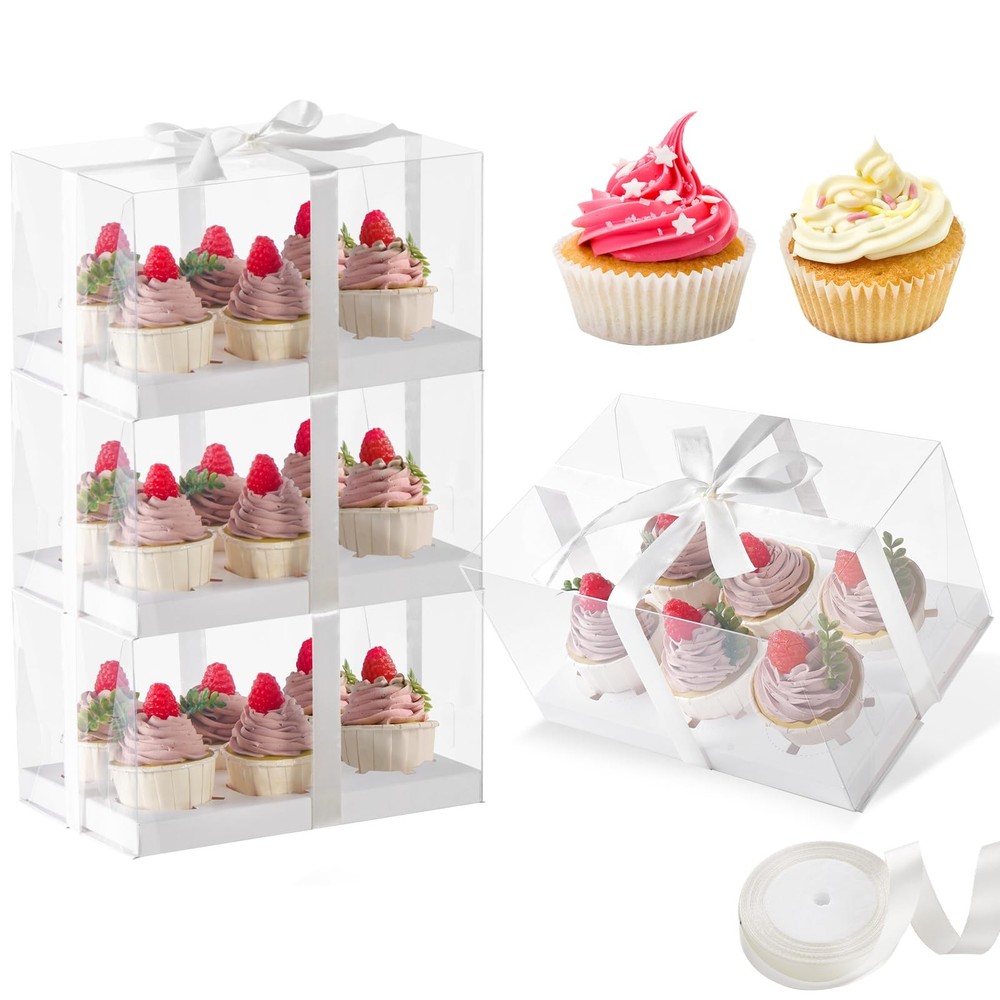 JCD 4 Pack Clear Cupcake Boxes Plastic Containers with Gift Ribbon 5.5inches