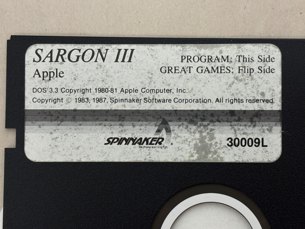 Sargon 3 III Computer Chess Software - Apple & IBM PC 5.25" Floppy Disk