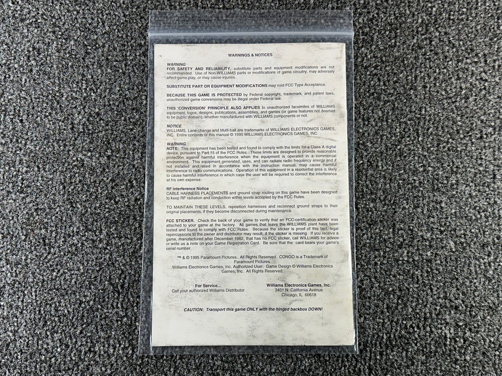 Williams Congo Pinball Machine Game Manual Operators Handbook ORIGINAL
