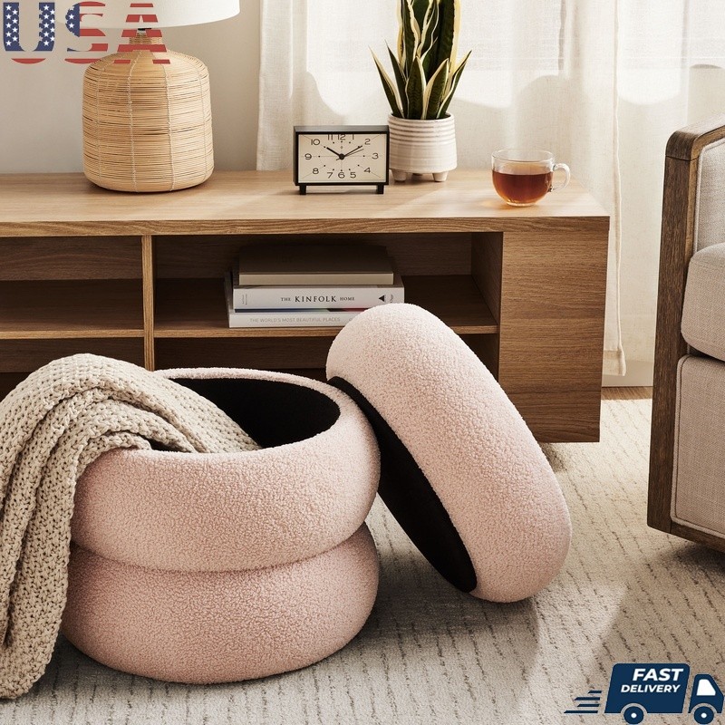 Cloud Storage Ottoman Round Shape Lift-Off Lid Indoor Seating Storage Solution