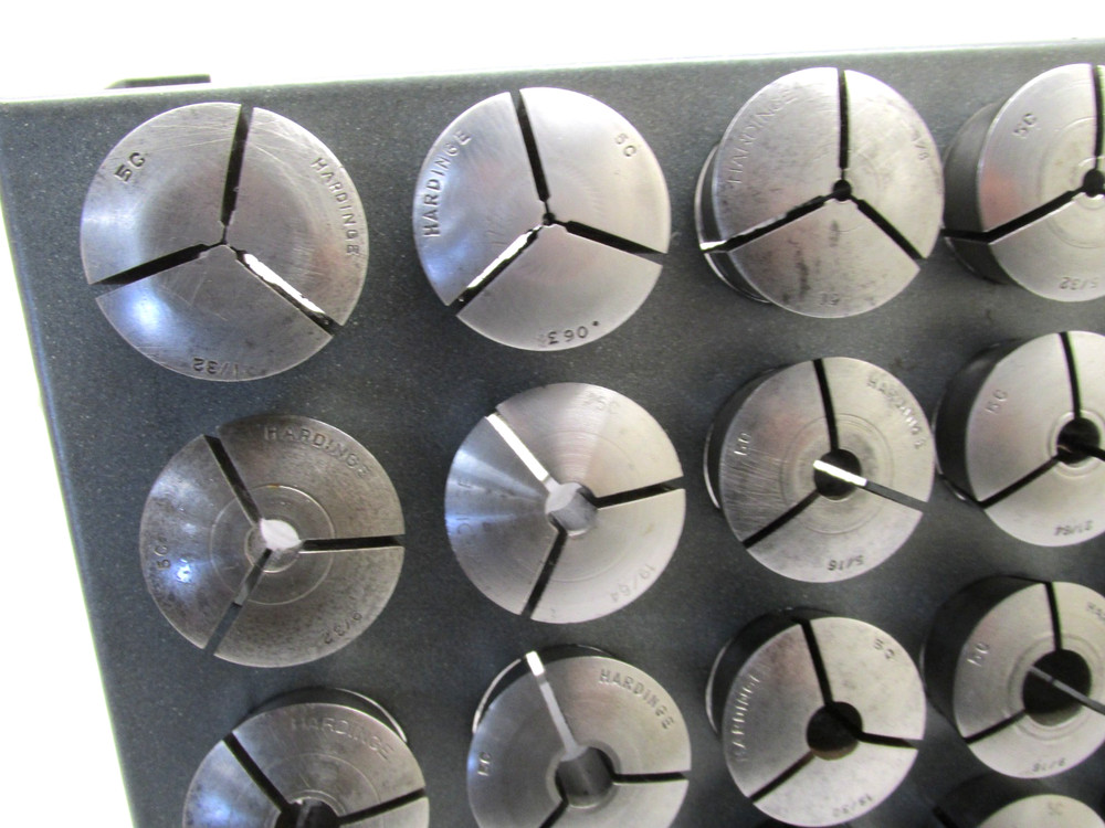30 HARDINGE ASSORTED 5C ROUND COLLETS w/ RACK