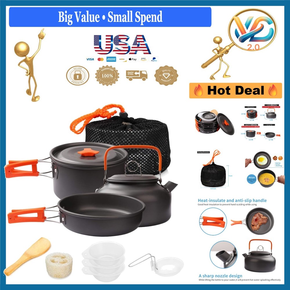Lightweight Non-Stick Camping Cookware Set 10pcs with Storage Bag Orange