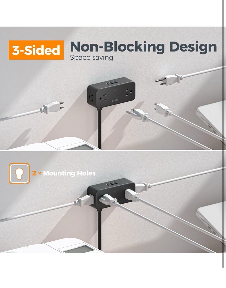 TESSAN Black Extension Cord 5 Ft, Flat Surge Protector