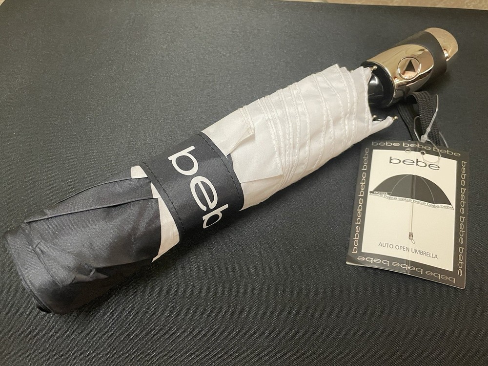 BEBE Auto Open Umbrella Windproof Black and White with Bebe Logo NWT