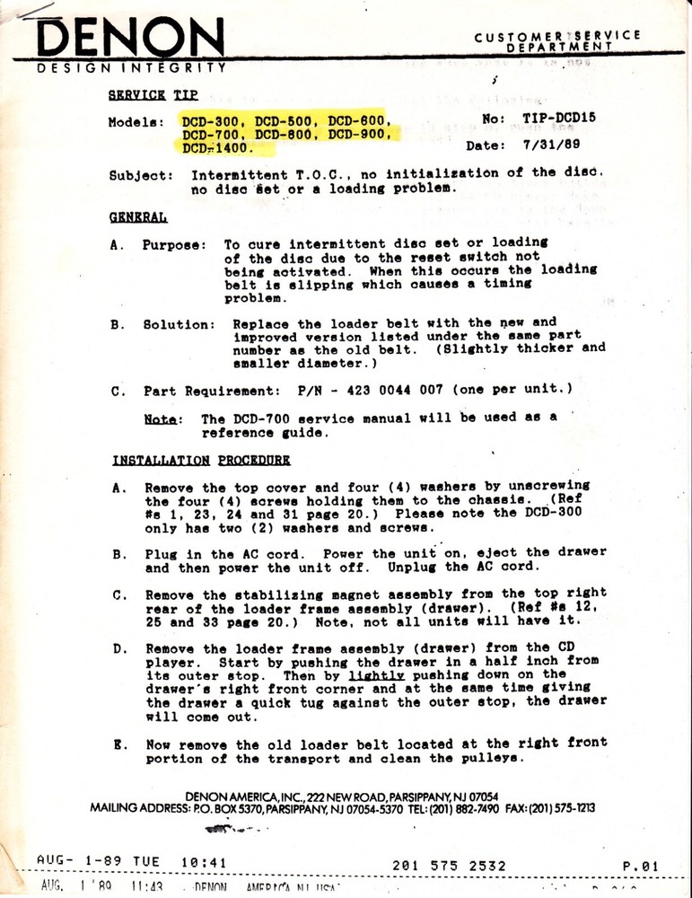 Original Denon DCD-300 Service Manual With Service Update