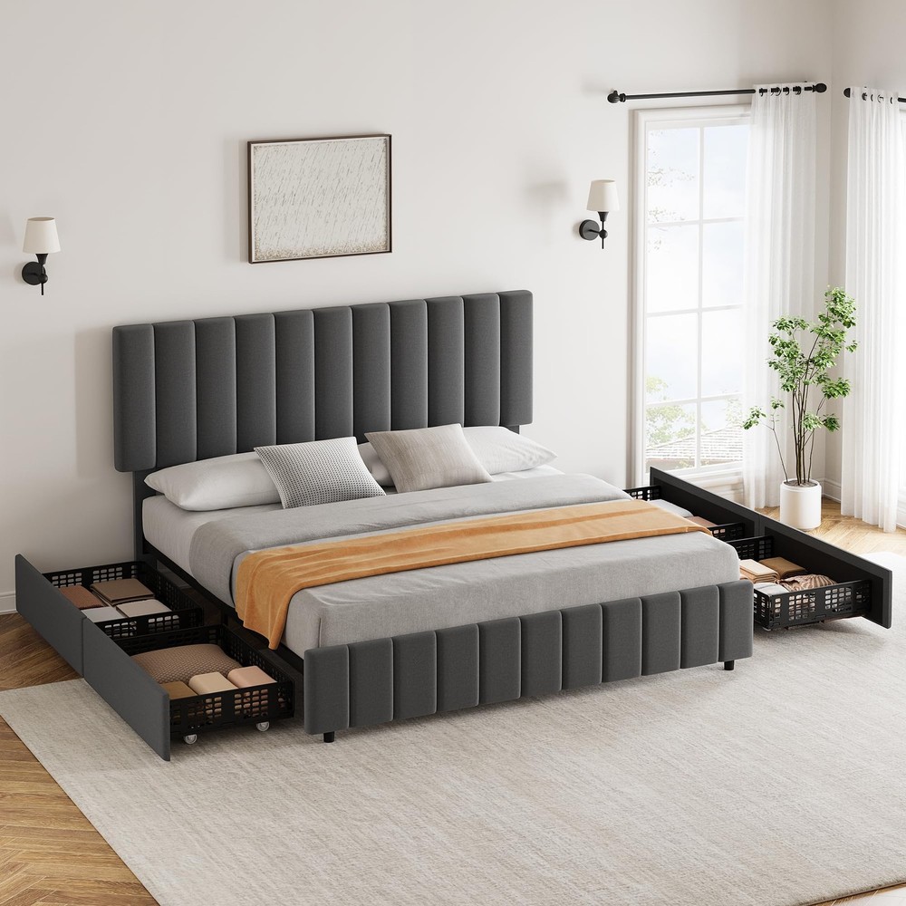 Queen Size Bed Frame with 4 Storage Drawers, Adjustable Height Headboard, Lin...
