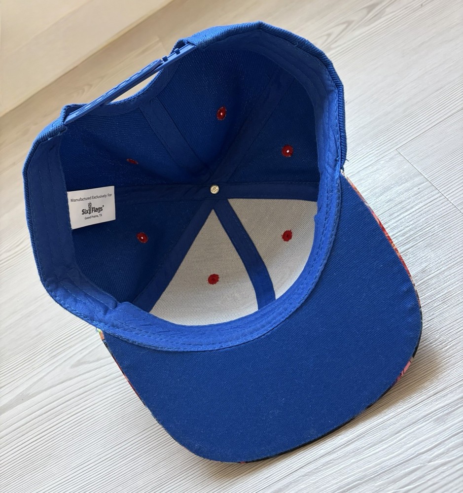 Six Flags Superman Logo Snapback Cap Blue with Sublimated Flat Brim DC Comic