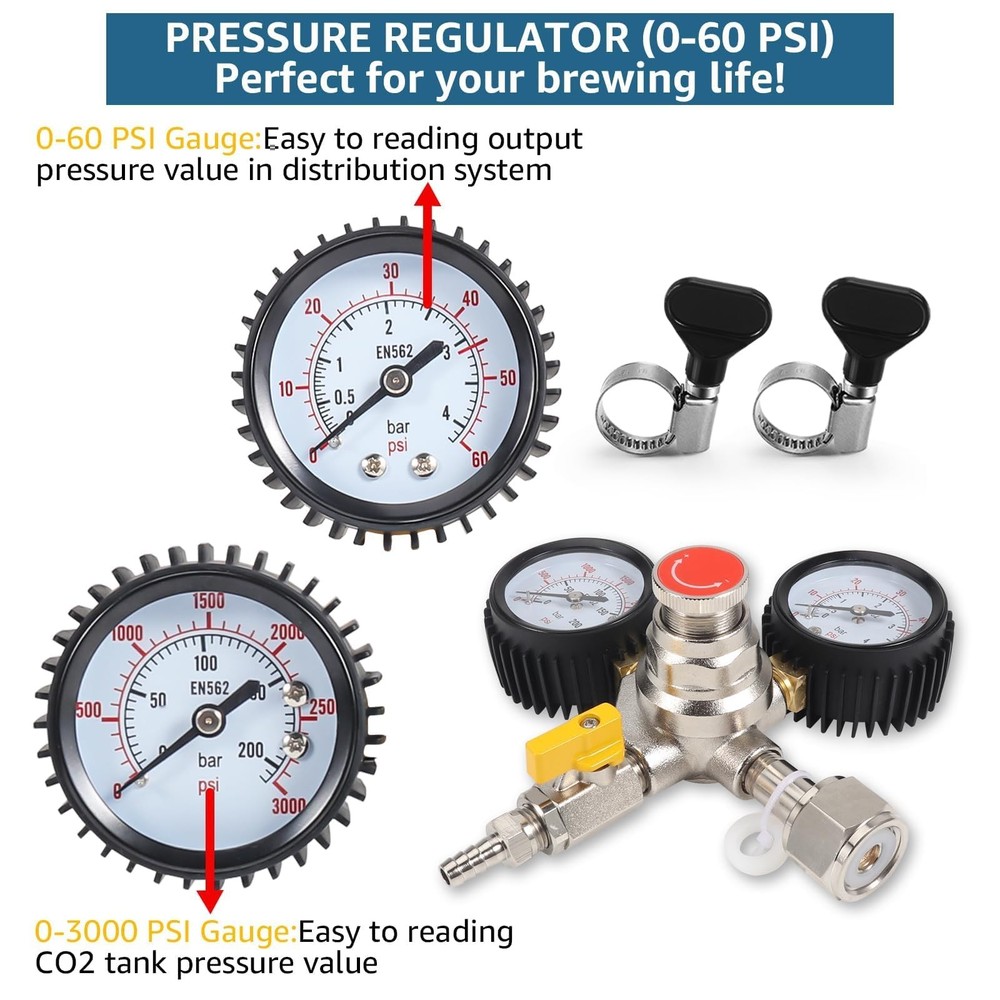 CO2 Regulator Draft Beer Regulator 60PSI Output Pressure Dual Stages Kegerato...