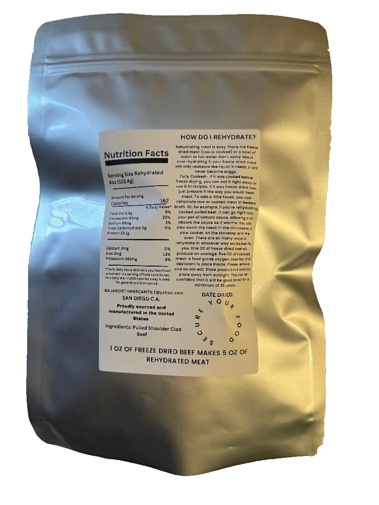 Freeze-Dried 25 Year Shelf Life --COOKED-- Pulled Boneless Clod Shoulder Beef