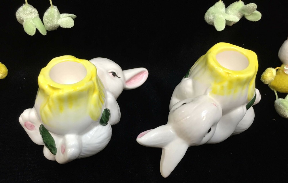 Easter Bunny Ceramic Candlestick Holders Candles & Magnets Lot 6 Decor Rabbit