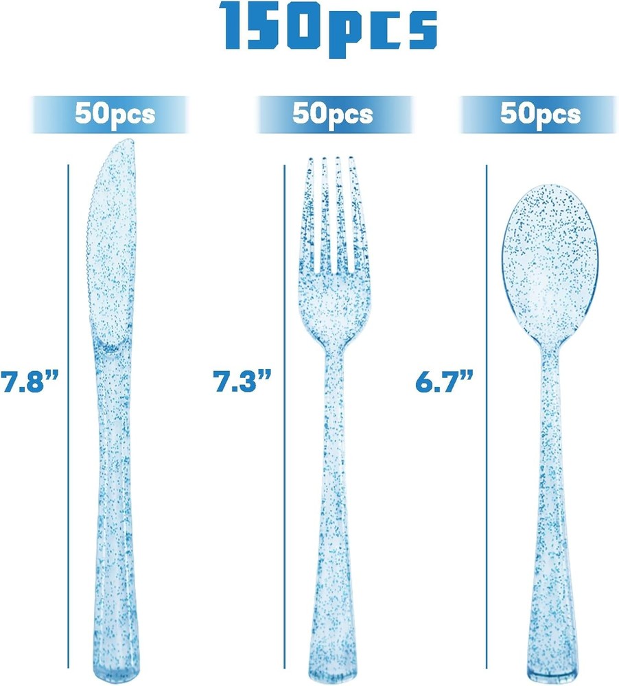 150 Pack Blue Plastic Silverware, Glitter Silverware 150,