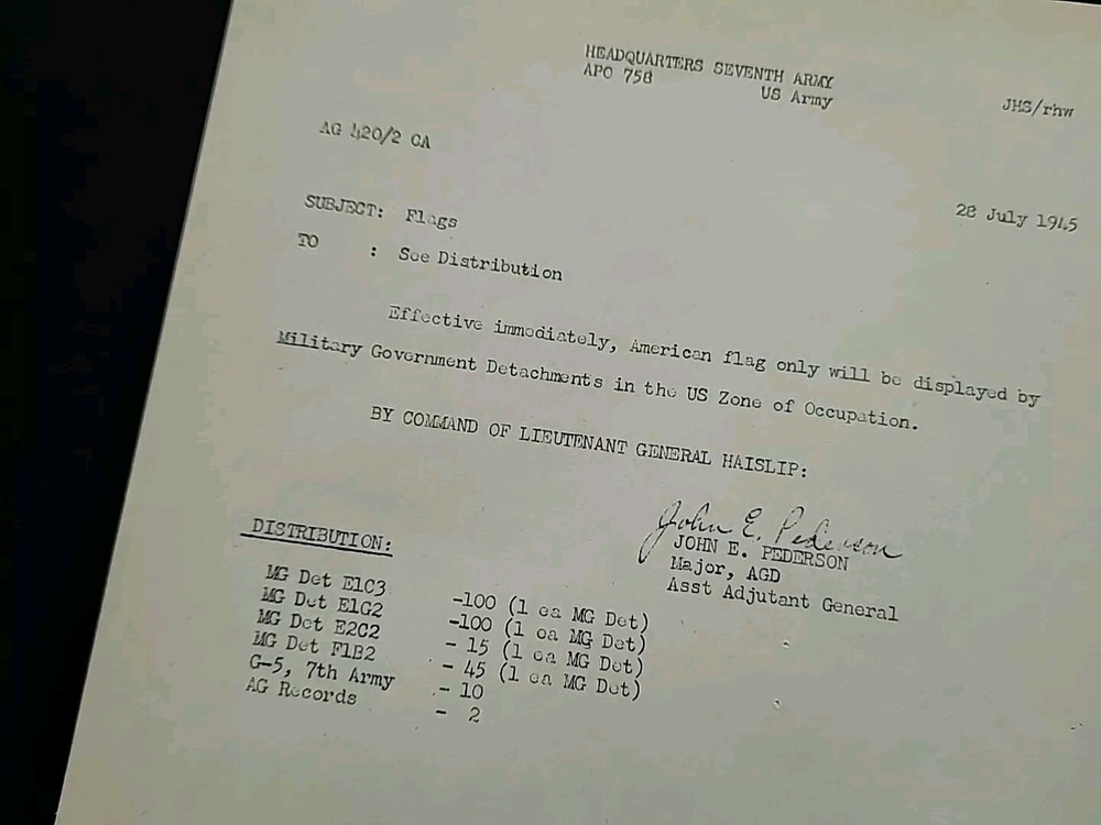 1945 German WWII US Army War Military Document Display US Flags Occupied Germany