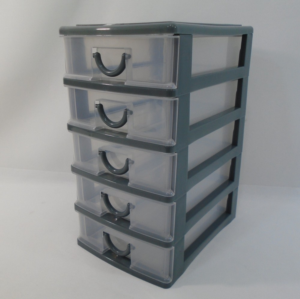 5 Drawer Mini Storage Stackable Desktop Organizer Unit Gray / Clear Plastic