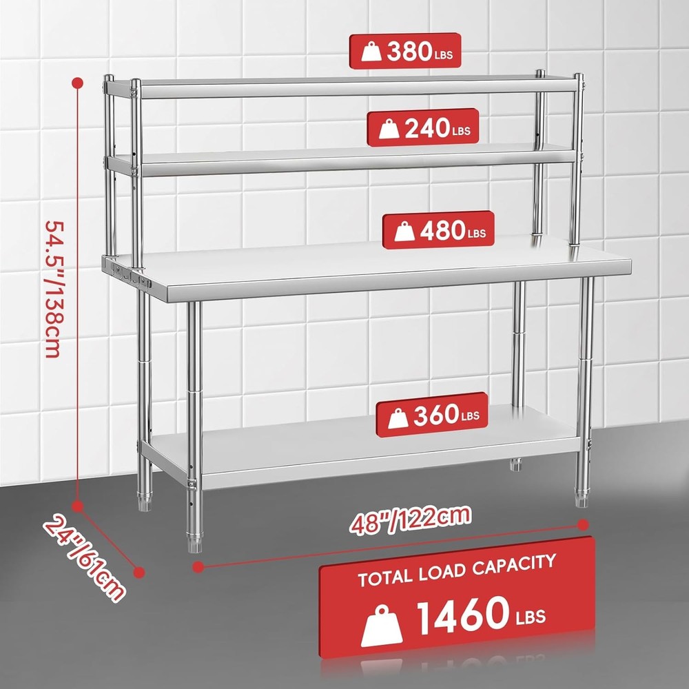 48"x24" Stainless Steel Work Table Adjustable Commercial Table for Kitchen Prep