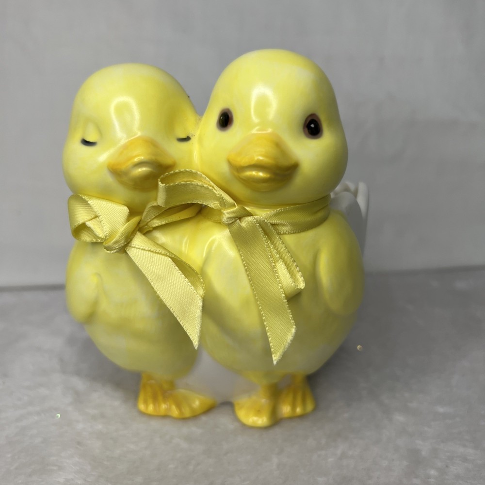 Dept 56 Easter Chick Yellow White Medium Bowl Candy Dish Ceramic Bows Ribbon