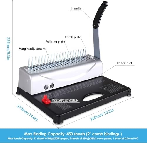 Binding Machine, 21-Hole, 450 Sheets, Comb Binding Machines with 1 Box Silver