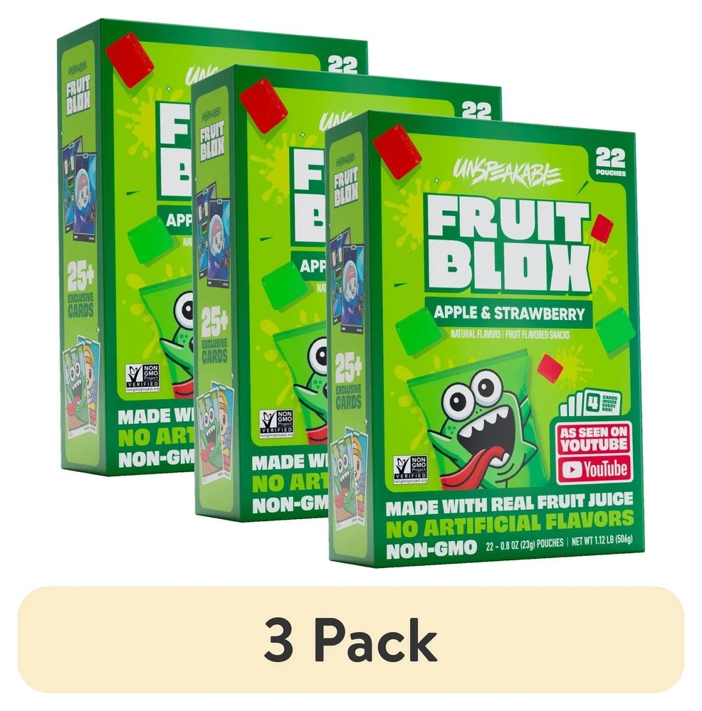 (3 pack) FruitBlox Unspeakable Apple Strawberry Fruit Snacks, 22 Count