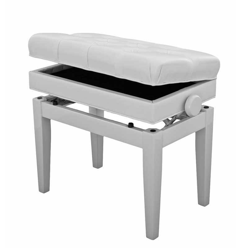 Piano Stool Adjustable With Book Storage, Polished White, White Top, Symphony