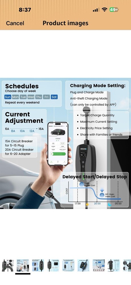 Level 1/2 EV Charger, 16Amp Adjustable Current Wi-Fi/App Control, UL