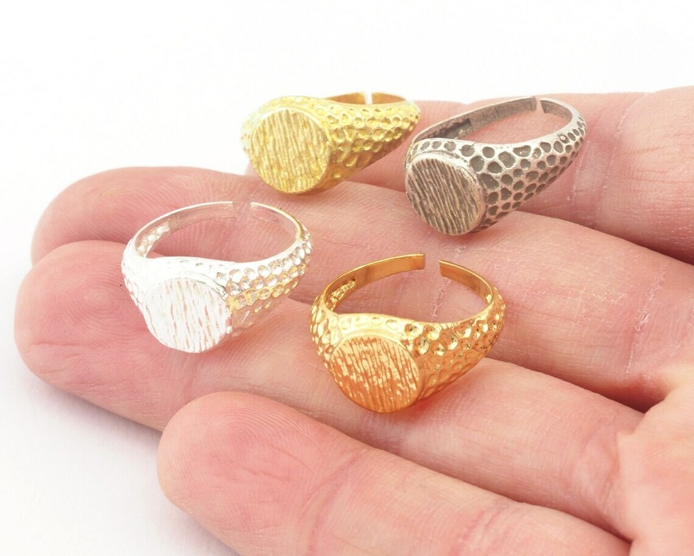 Hammered brushed Signet Adjustable Ring Raw Brass,Silver,Shiny silver-gold 4402