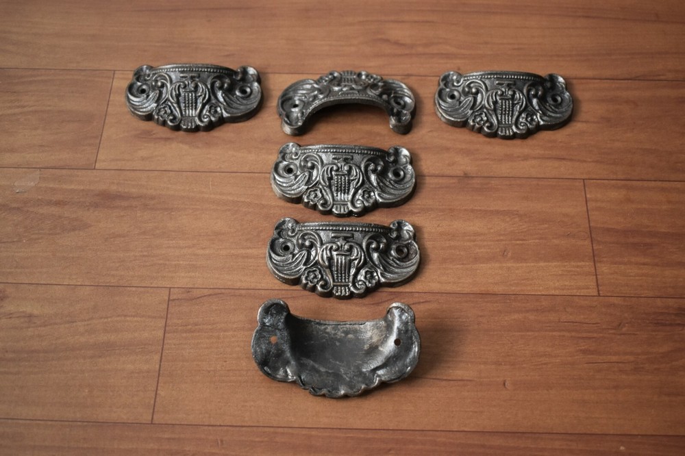 Victorian cast iron Cup cabinet drawer door knobs handles pull rustic 6 pcs
