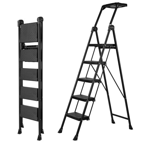 5 Step Ladder, Foldable Handrail & Tool Tray Stool Ladders with 5 step Black