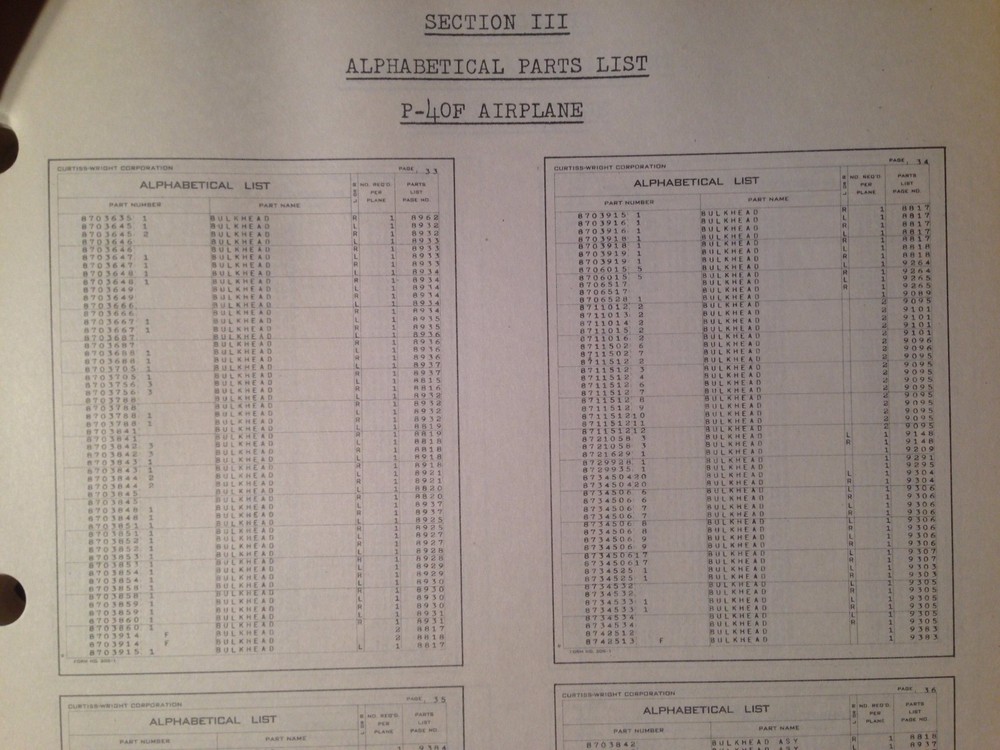 Original 1942 Curtis Wright P-40F Warhawk Parts Manual