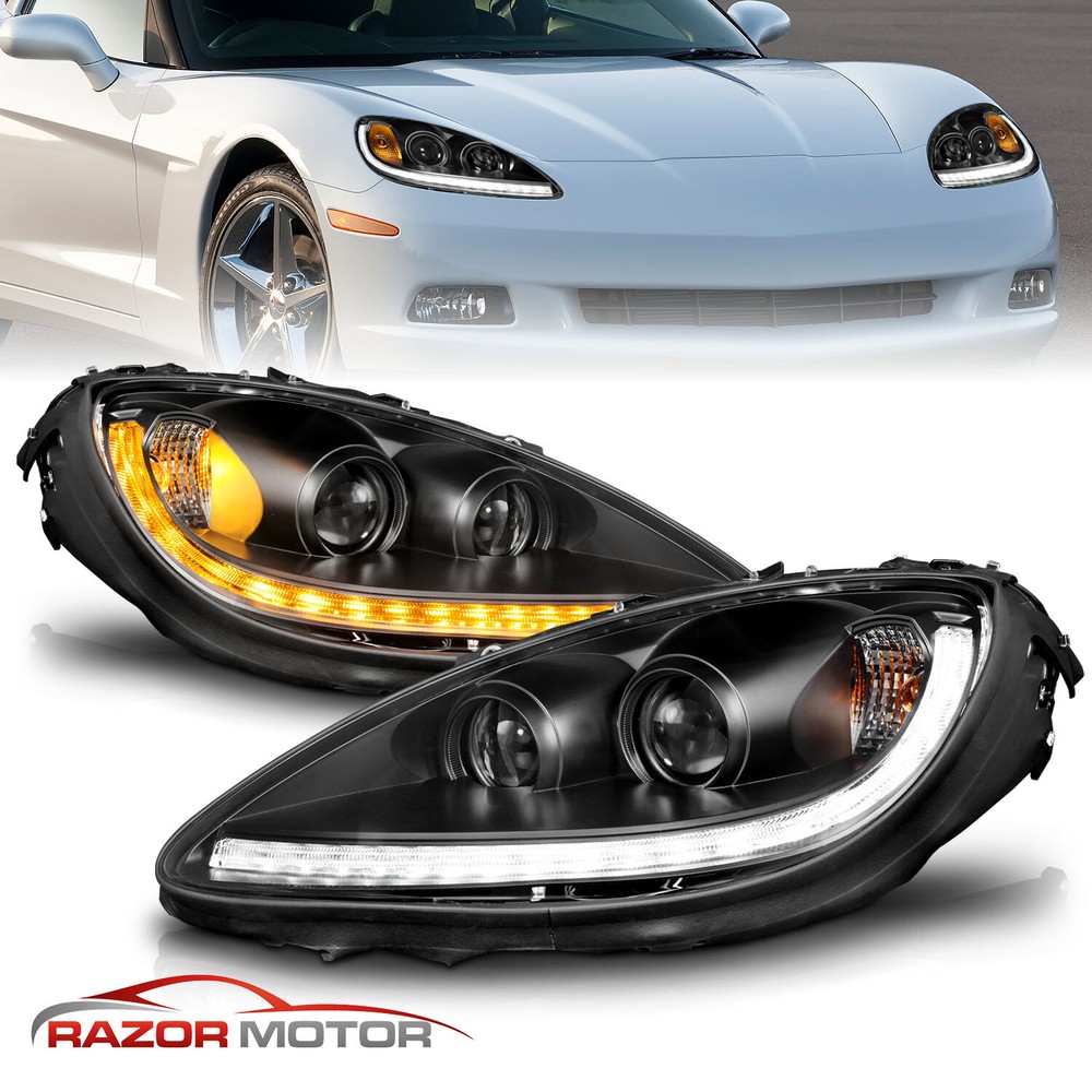 2005 - 2013 For Chevy Corvette LED DRL Sequential Switchback Black Headlights