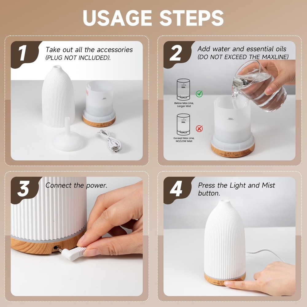 URPOWER 100ML Essential Oil Diffusers for Home 100mL/Compact, Striped White