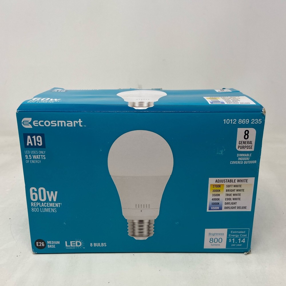 EcoSmart A19 LED Bulbs 60W Eq Daylight 5000K Dimmable 8-Pack
