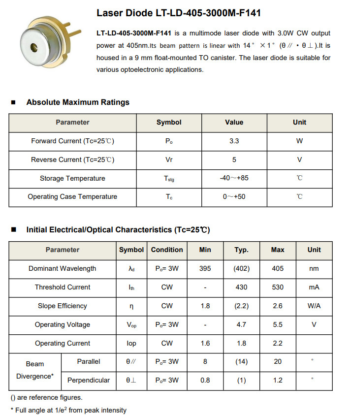 Multimode Laser Diode with 3.0W CW Output Power at 405nm Linear Beam