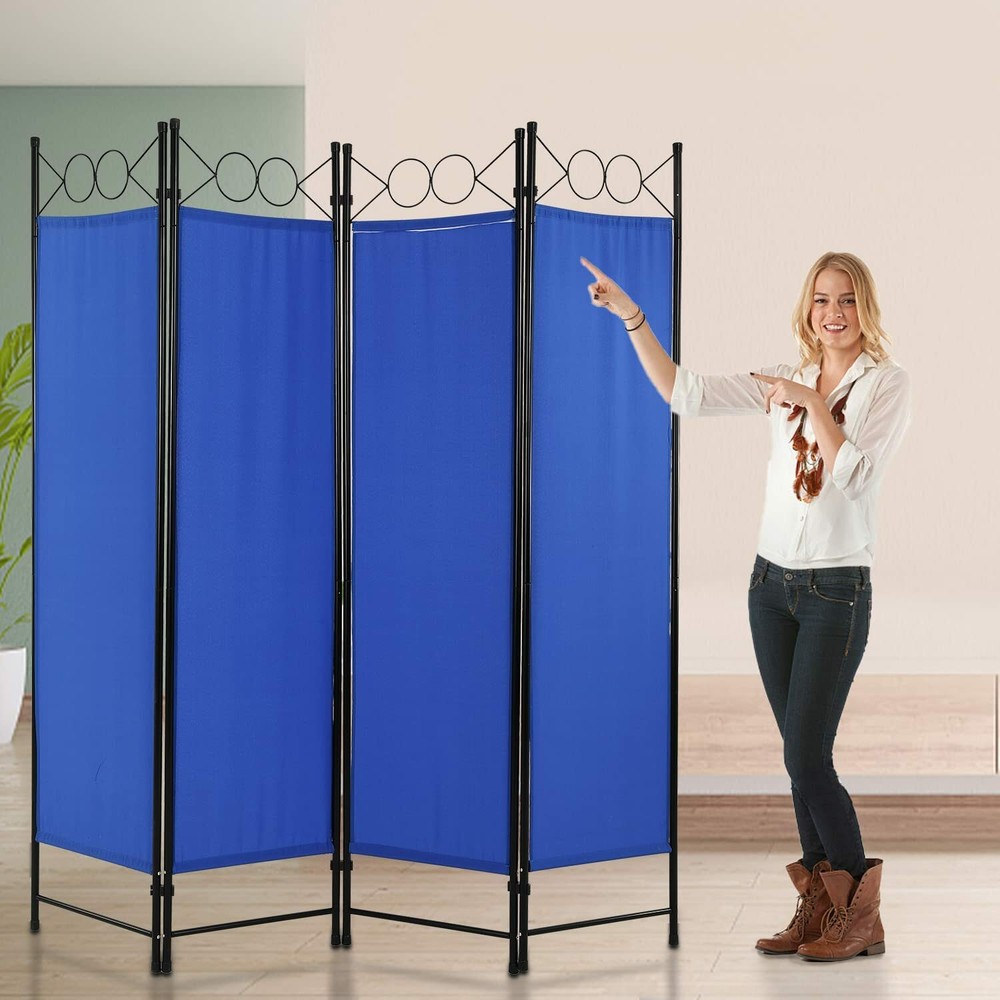 4 Panel Room Divider Steel Frame Screen Folding Privacy Divider Freestand Blue
