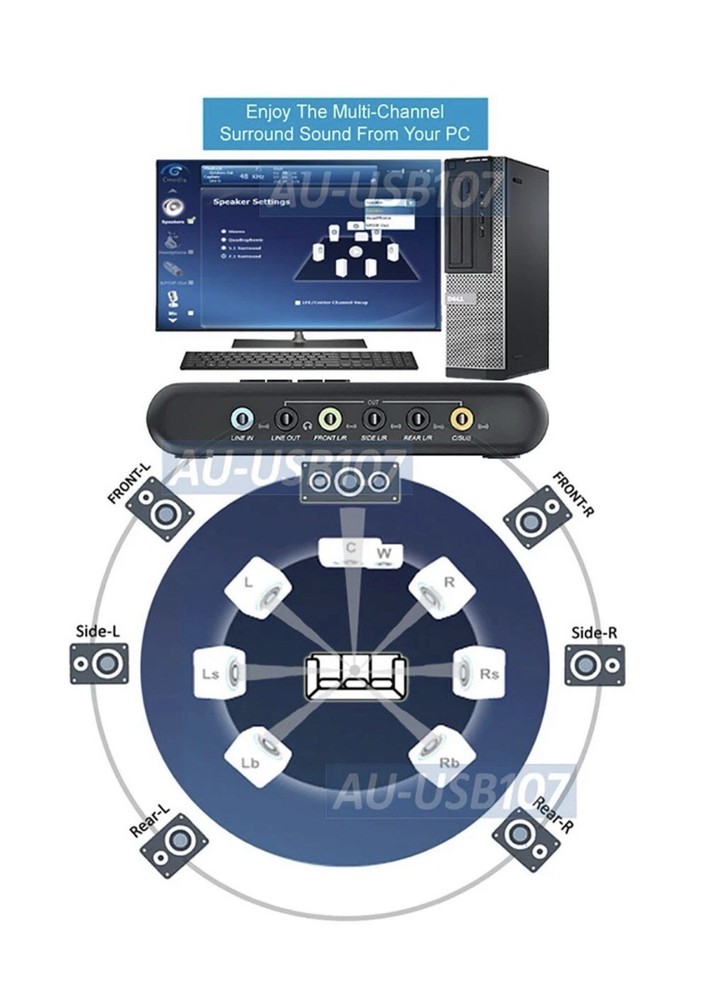 USB 7.1 Channel Virtual Surround Sound Box With Mic Inputs And SPDIF Input Out