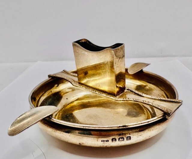 Art Deco Solid Hallmarked Silver Ashtray & Matchbox Holder 100g Table Ware 1929