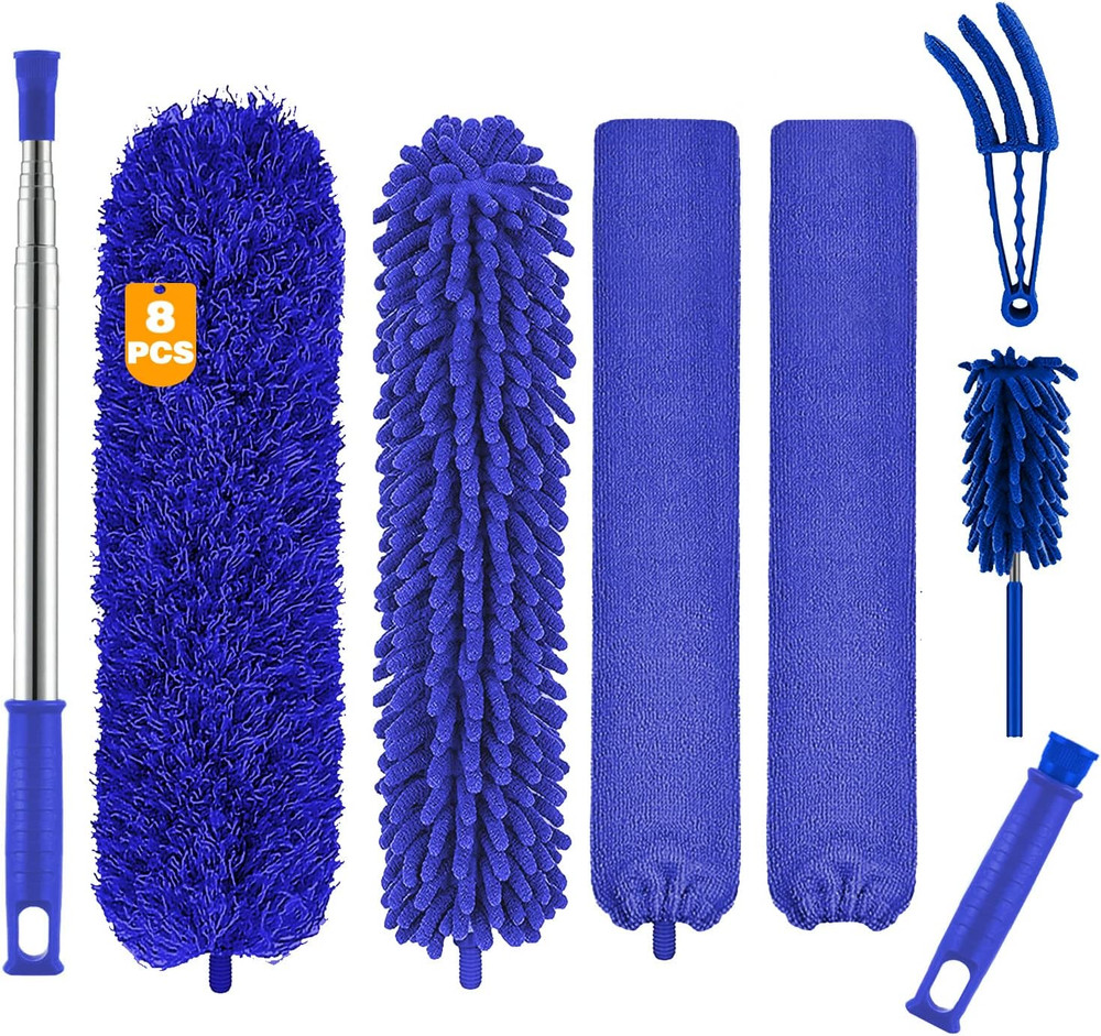 Microfiber Duster Set, 8PCS with 100" Telescoping Pole, Washable & Bendable
