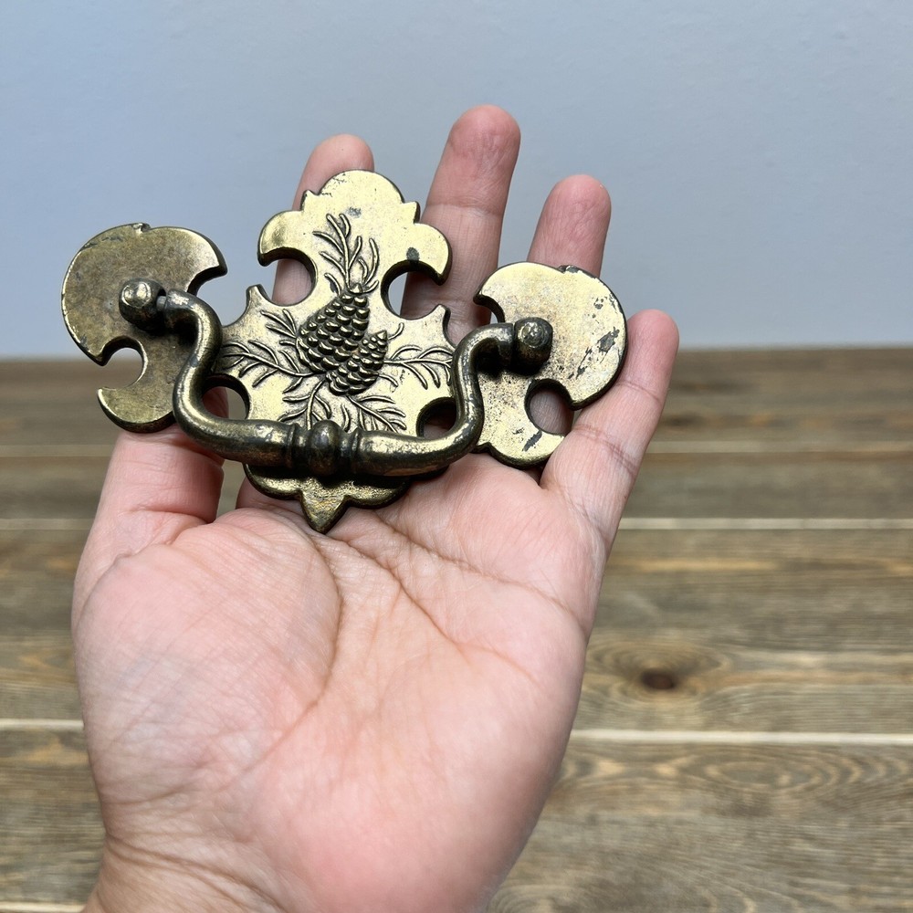 Brass Drawer Pull Chippendale Batwing Drop Pull Pine Cone KCB Keeler Vtg Set 2