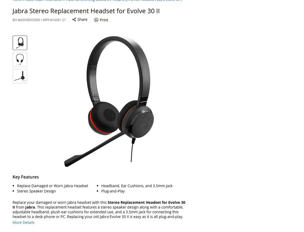Jabra Evolve 30 II Replacement Headset Stereo 14401-21