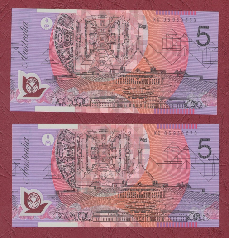 AUSTRALIAN BANKNOTE $5 Five Dollars 2005 LAST PREFIX KC05  UNC