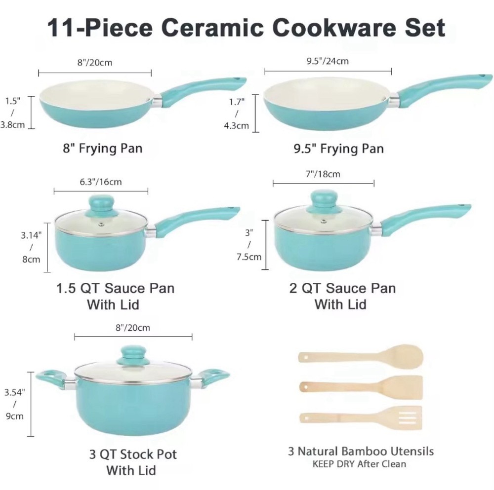 non stick ceramic cookware set 11 Piece Turquoise