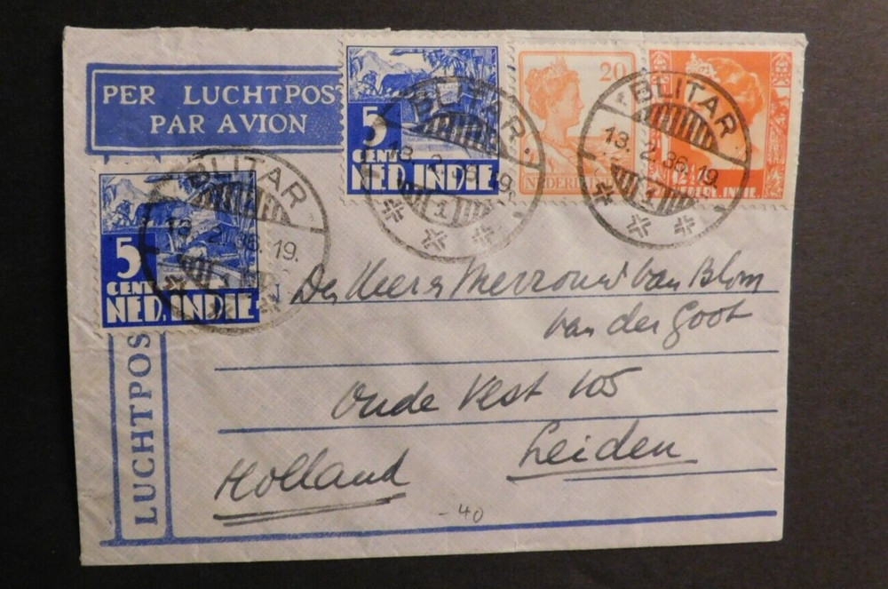 1936 Postal Cover From Blitar Java Indonesia to Holland Airmail