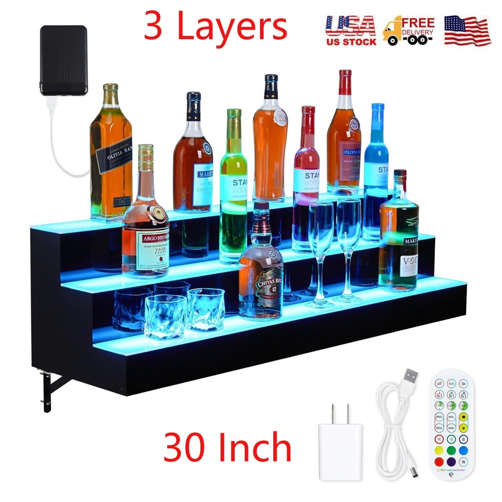 3 Layer Acrylic LED Lighted Display Wine Rack 30'' Wall-Mounted With App Control